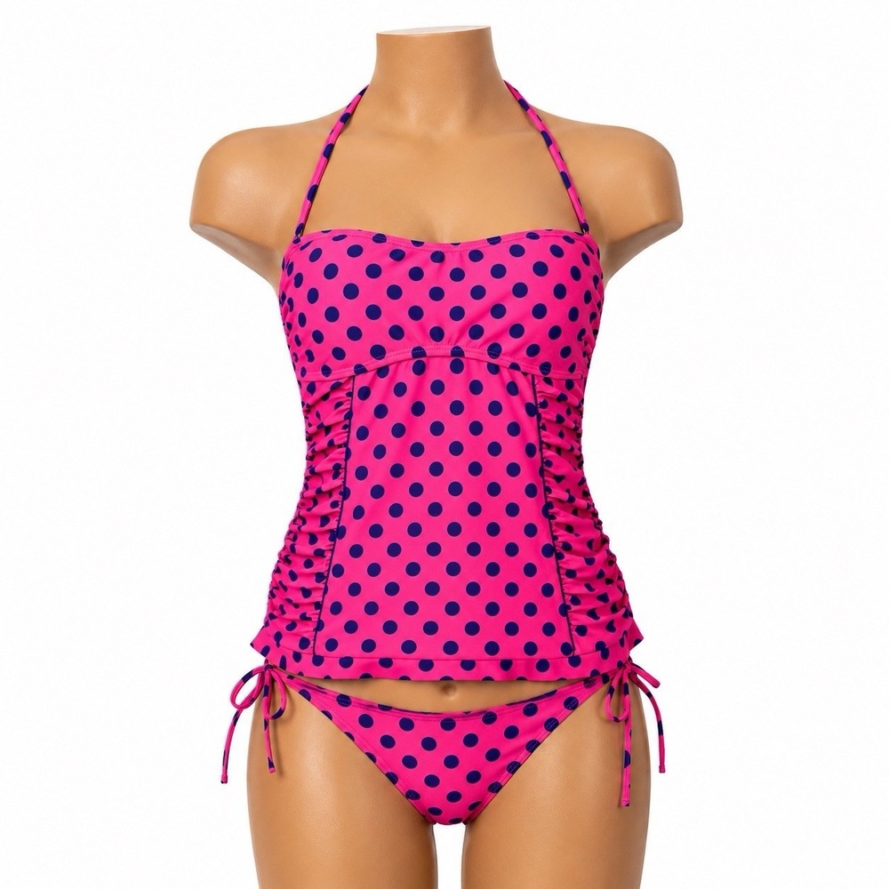 Pink And Purple Polkadot Tankini Swimsuit Size Large Vintage Look Rockabilly